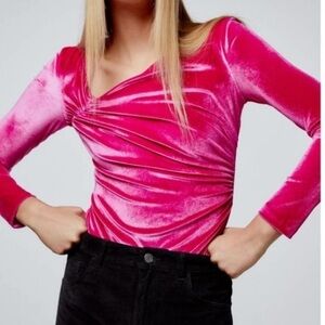 Zara Asymmetrical pink velvet bodysuit